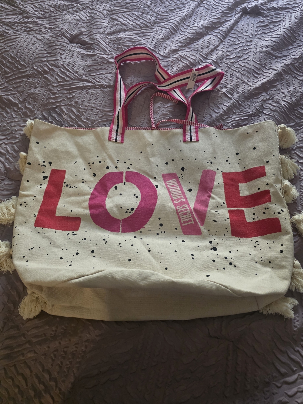 Victoria's Secret Pink & Cream LOVE Canvas Tote with Tassels